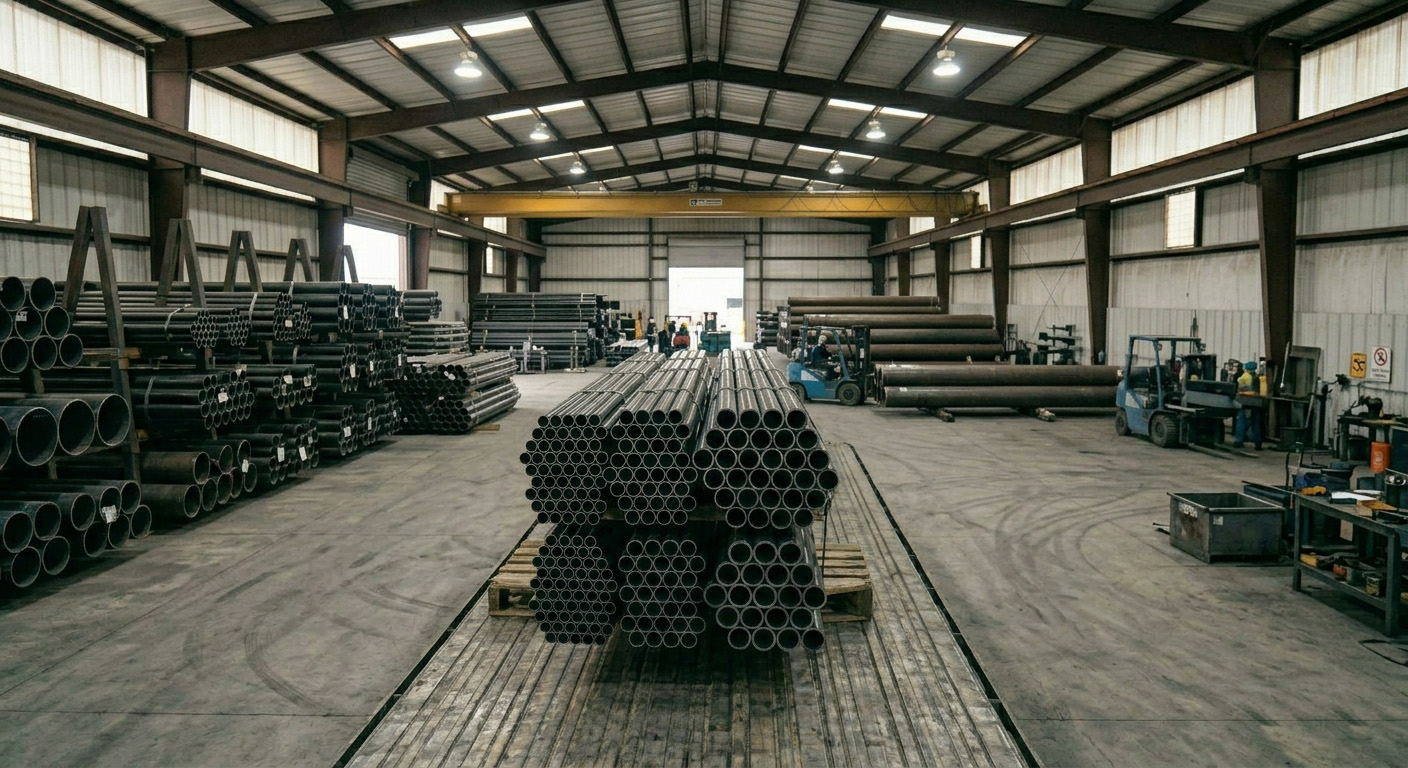 Tubos negros de acero en bodega industrial MS Fábrica de Perfiles